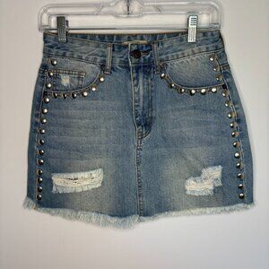 LILY & PARKER NEW Mini Skirt Women's 26 Denim Studded Pockets Raw Edge